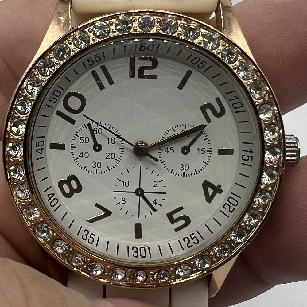Ladies Trendy Round Rose Gold Tone Bezel‎ White Dial Poly Band Analog Watch J6
